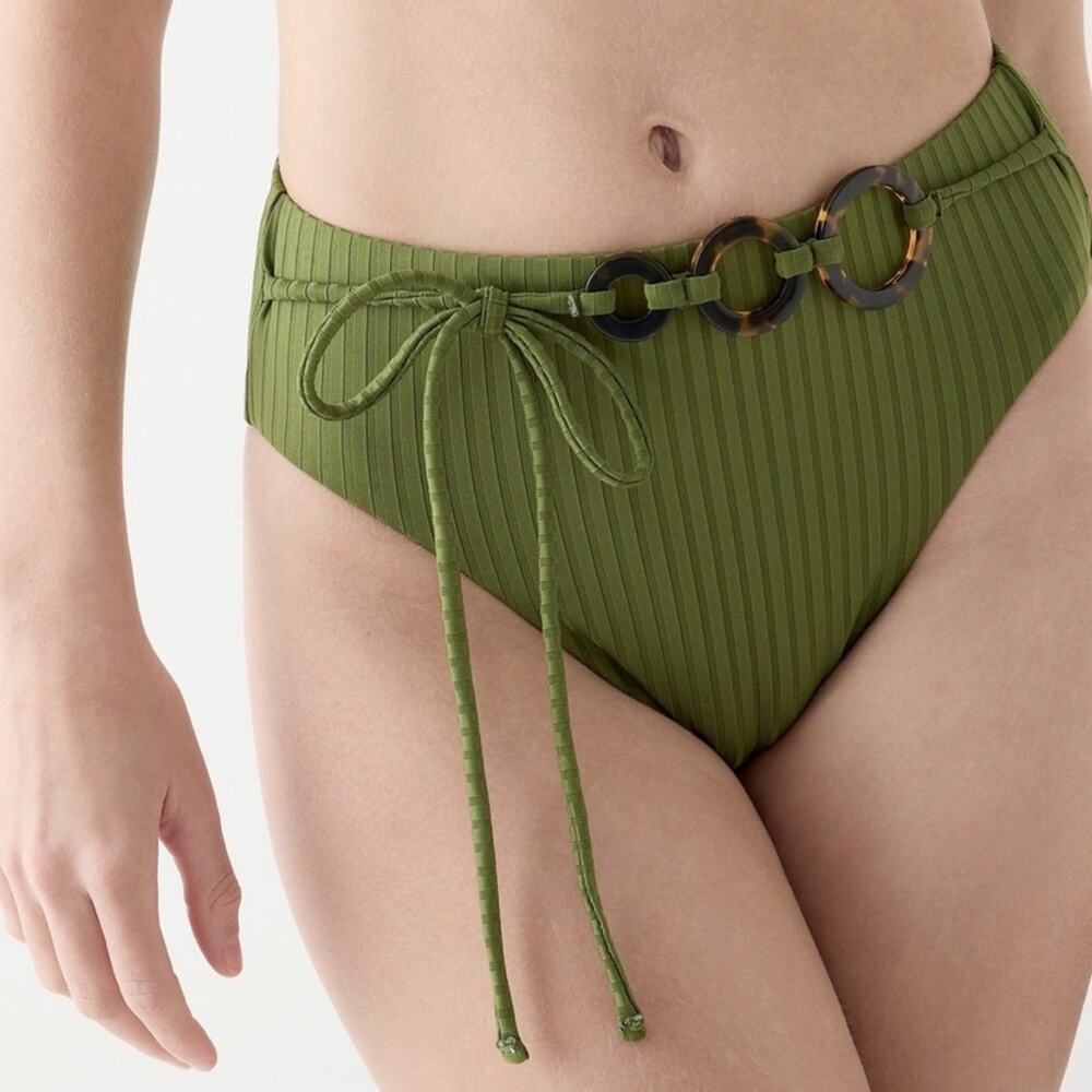 J. Crew Wide Rib High Rise Three O-Ring Tie Swim Bikini Bottom in Green Sz S NEW
